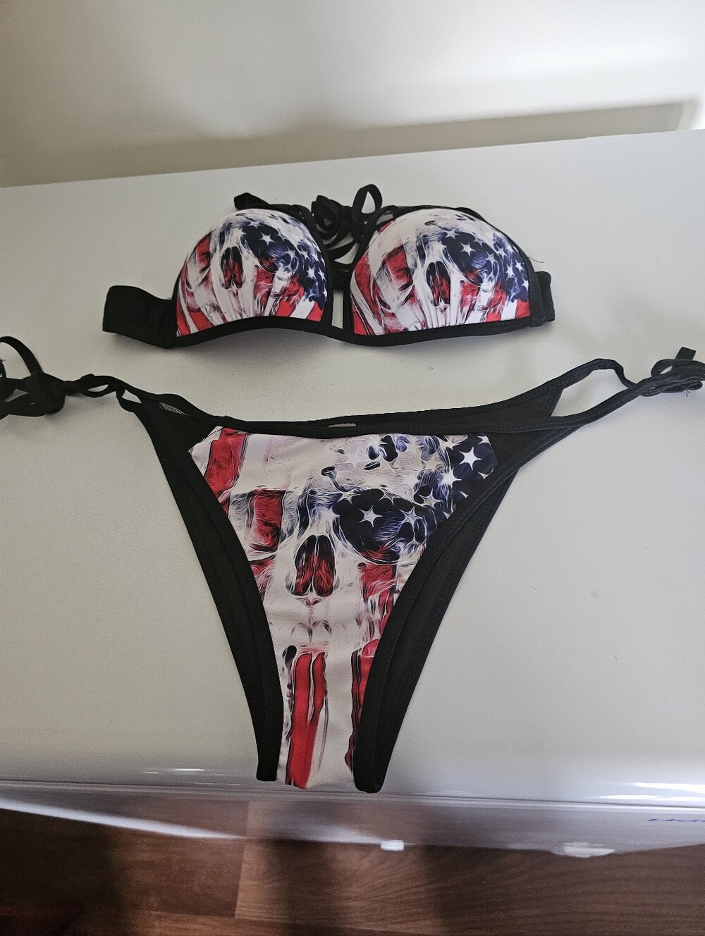 Women's American Flag Skull Print Bikini Set - Black Trim